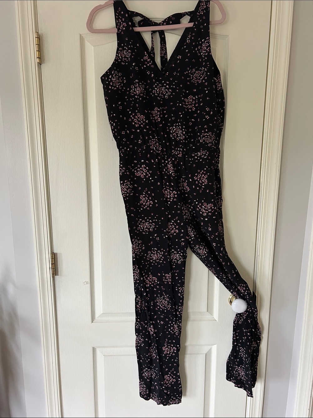 LOFT Black Floral Jumpsuit with Pink Accents